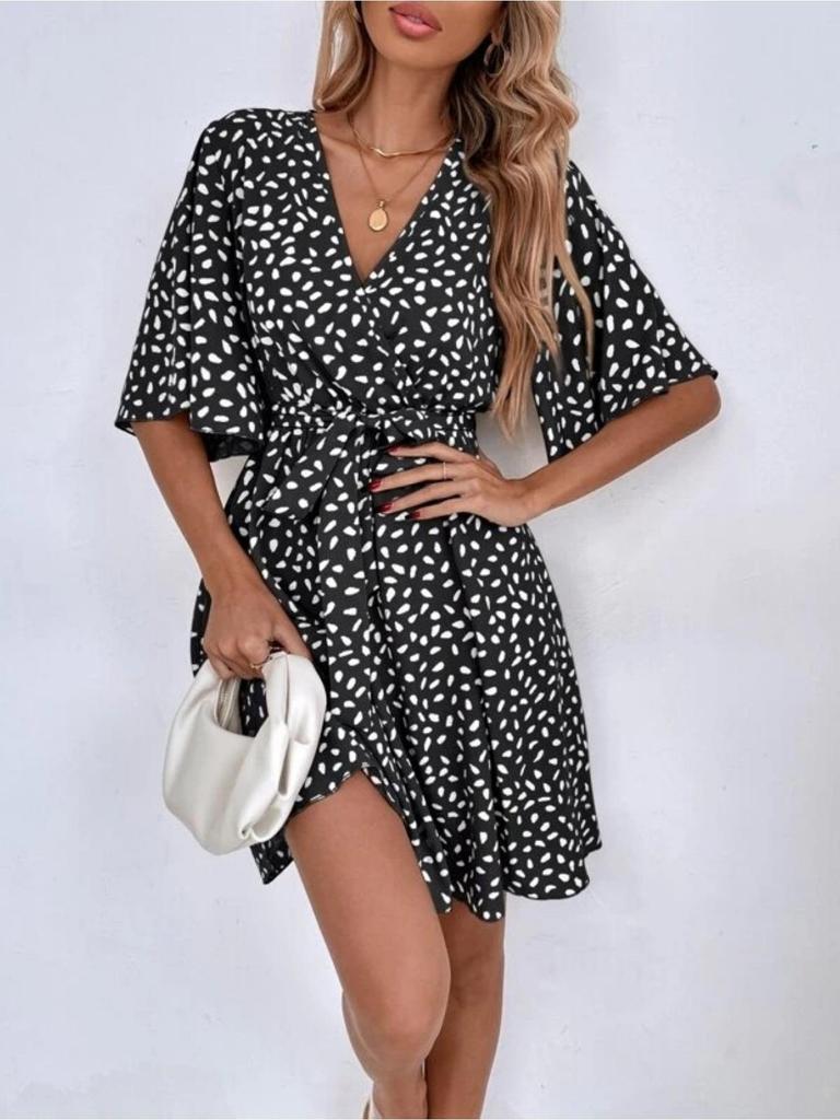 V Neck Printingt Dress Waist Hugging Dress Elegant Short Sleeve Dresses Causal Women Dress