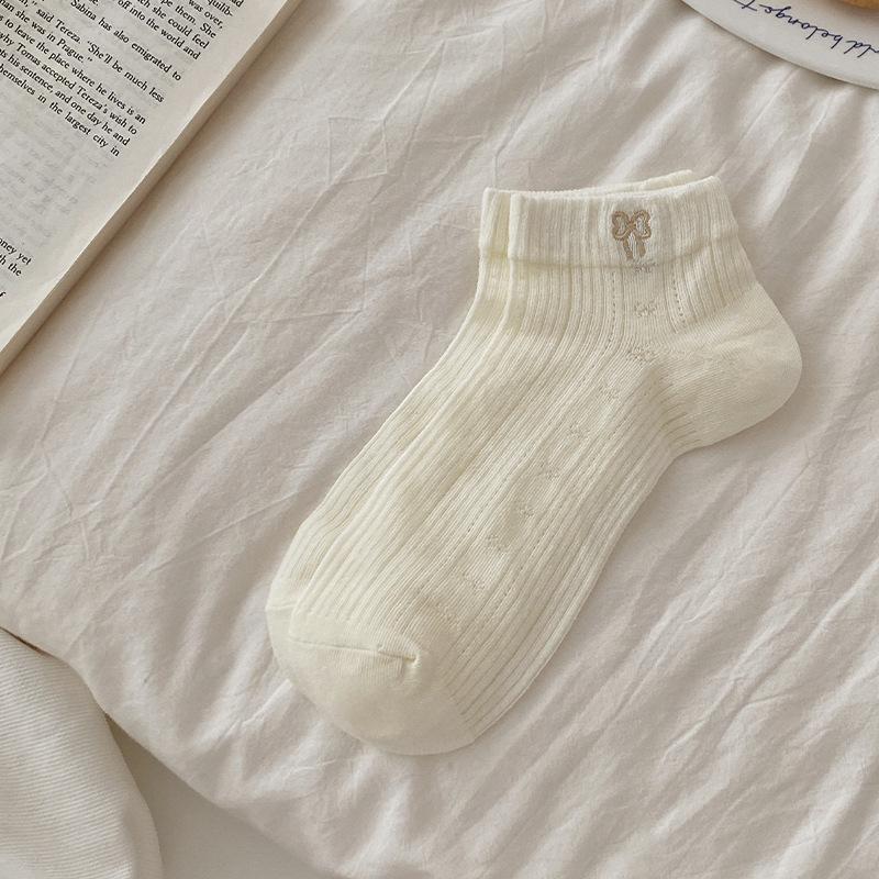 Versatile Embroidery Simple Socks Korean Socks Girl Thin Cotton Shallow Mouth Solid Color Bow Boneless Breathable