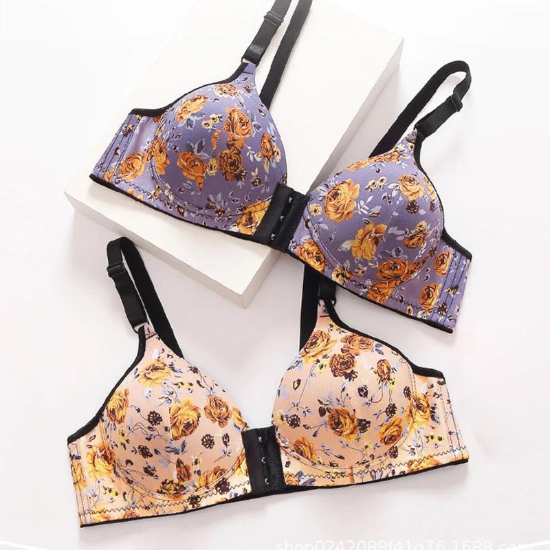 Seksowny biustonosz zapinany z przodu Push Up Brassrere Femme Drukowane kwiaty Bralette Wygodna bezprzewodowa bielizna damska BC Cup