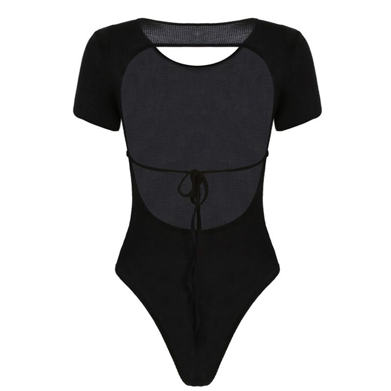 

С коротким рукавом, с нагрудными вкладышами, сексуальный открытый сзади, на шнуровке, даже одежда для переда, топы 2024, лето, взрослая, женственная, облегающий комбинезон для женщин, сексуальный Black single layer without chest pad S