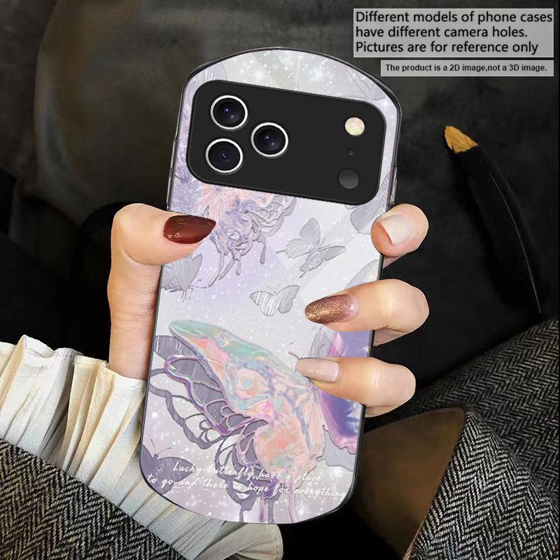 Lucky Butterfly Painting For iPhone 17 Air 16 15 14 Pro 13 Plus 12 Mini 11 Pro Max XR X 7 8 Elliptical Tempered Glass Phone Case