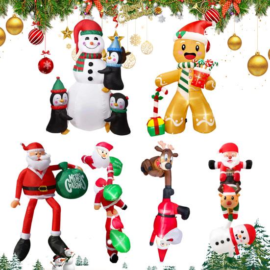 Lighted Christmas Inflatable Figurine Large Cute Blow Up Snowman Penguin Gingerbread Man Santa Ornaments with Built-in LED Light for Lawn Party Decor