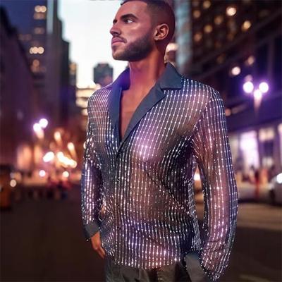 Yousheng Men's Sequin Glitter Shirt Long Sleeve Lapel Button Down Disco Shirt Retro Sexy Thin Shirts for Bar Dancing Night Club Disco Party