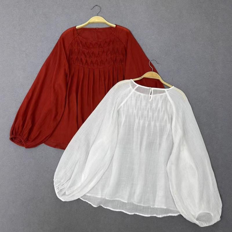 Johnature Summer Japanese Korean Forest Retro Round Neck Pressed Pleats Versatile Loose Shirts Casual Thin Women Tops