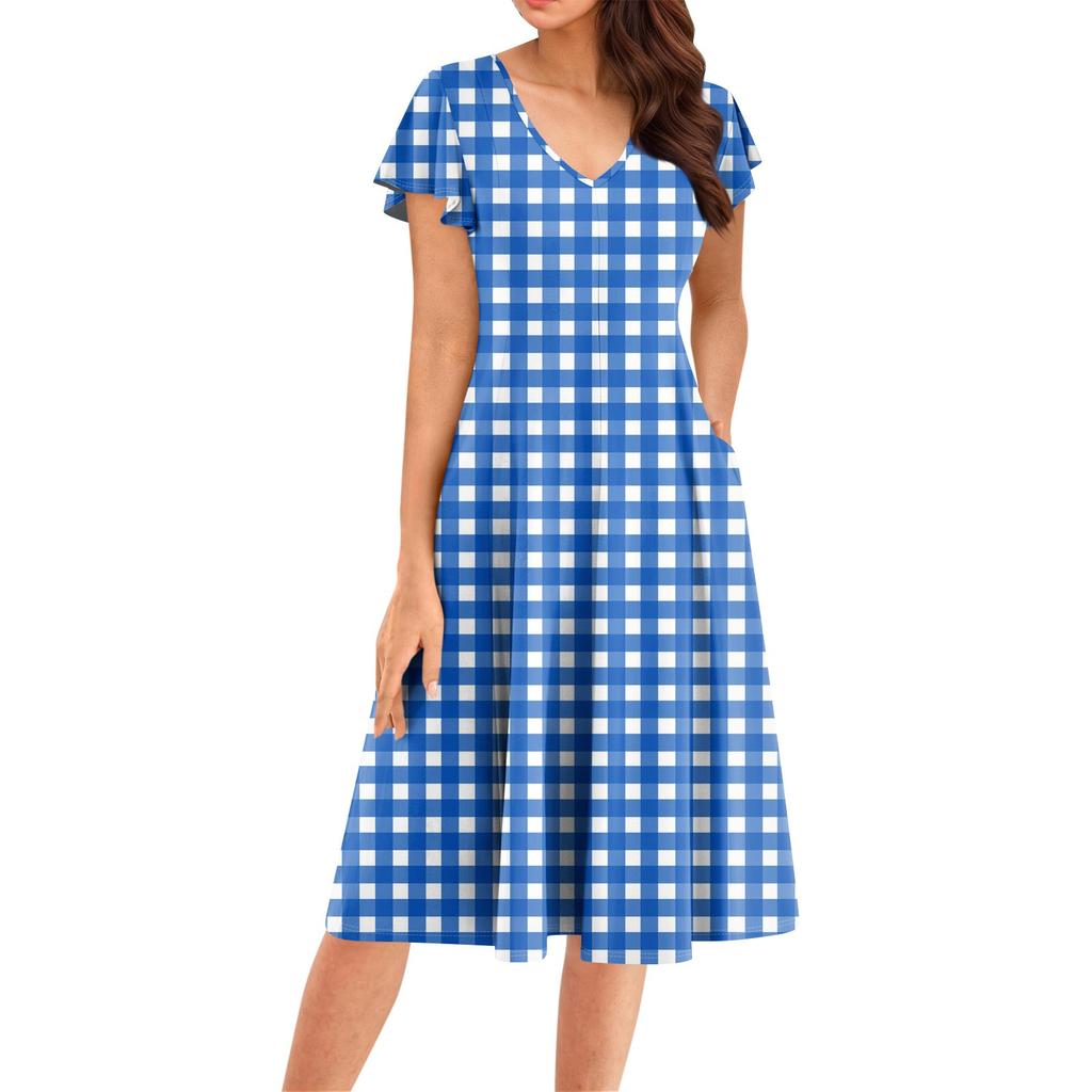 Rochie Midi Elegantă Retro de Vară pentru Femei cu Mâneci Volan V-Gât