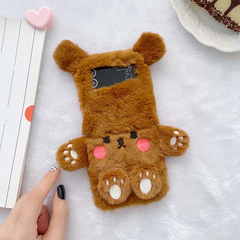 Cartoon Cute Bear Design Autumn and Winter Long Plush TPU Mobile Phone Fold Cover Case for Samsung Galaxy Z Flip 3 4 5 6