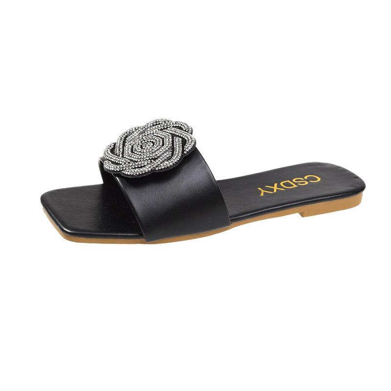 

Summer new large size flat slippers Women s square head rhinestone flower one-character slippers Women Slippers 35 чорний