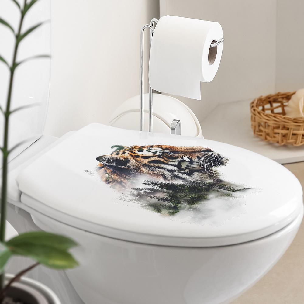 Playful Tiger and Forest Silhouette Wall Sticker Waterproof Self-Adhesive Removable Decal for Bathroom WC Home Decor
