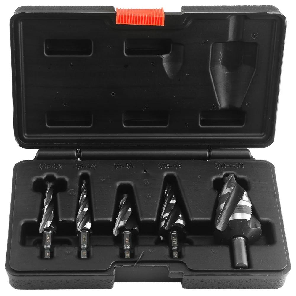 Stainless Steel Perforated Step Drill Bit 5Pcs Four Spiral Flute Step Bits for Metal 43 Sizes Titanium-Coated HSS Drill Bits Set