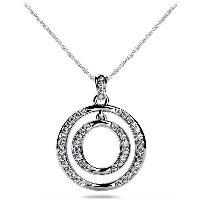 Double Interlocking Hollow Circle Half Paved Pendant Women Thin Cable Chain Clavicle Necklace