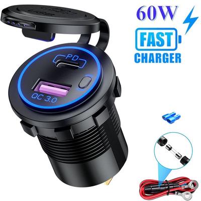 60 W Schnellladung Auto-Ladegerät Qc3.0 USB + PD Typ C Port Buchse Voltmeter Auto Power Adapter für 12 V/24 V Auto LKW Boot Motorrad