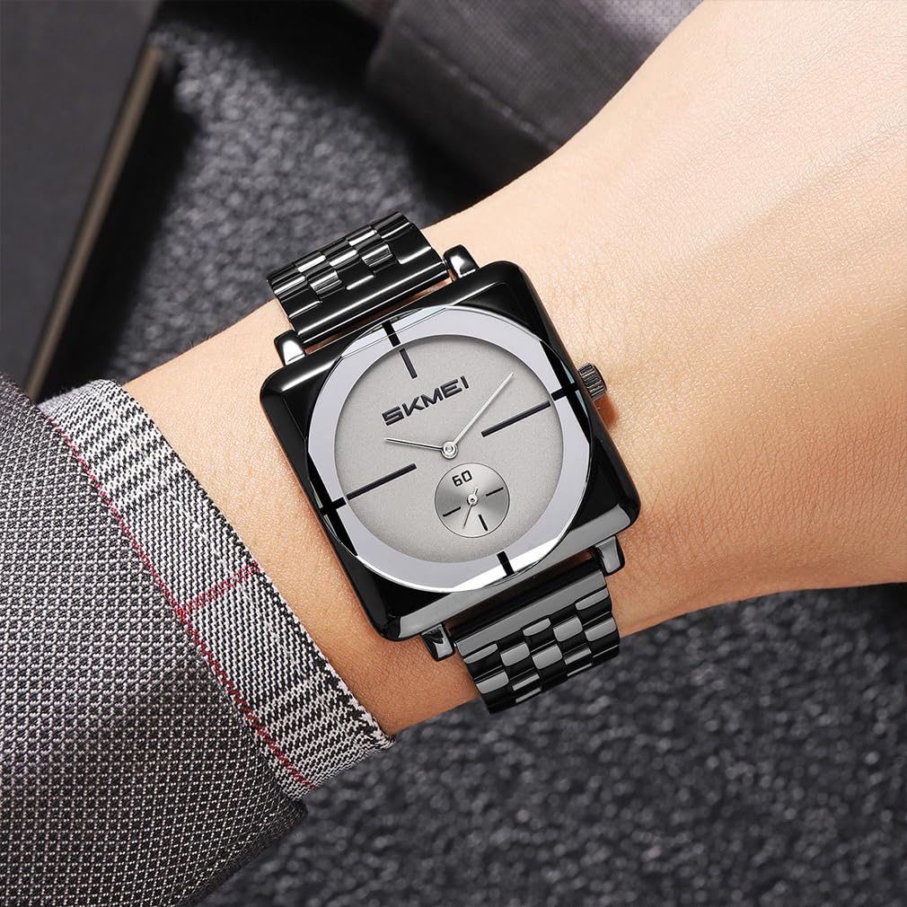 SKMEI Square Watch Men Simple Stylish Stainless Steel Wristwatch Gentleman Waterproof Analog Business Casual Male Luxury Gift Black Gray