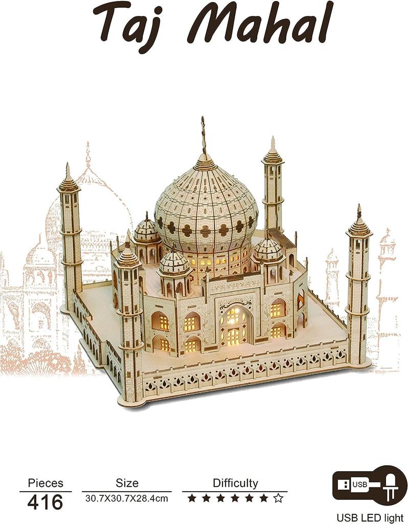SILK ROAD 3D DIY Wooden Puzzle Taj Mahal with LED 416 Craft Educational New Christmas Gift Lights, Pieces, Gift, Toy, Boys, Girls, Adults, Year's