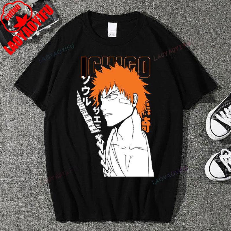 Japan Anime Bleach Ichigo Kurosaki T Shirt Men Fashion T-shirt Short Sleeve Vintage Cartoon Tshirt Harajuku Tops Cotton Clothes
