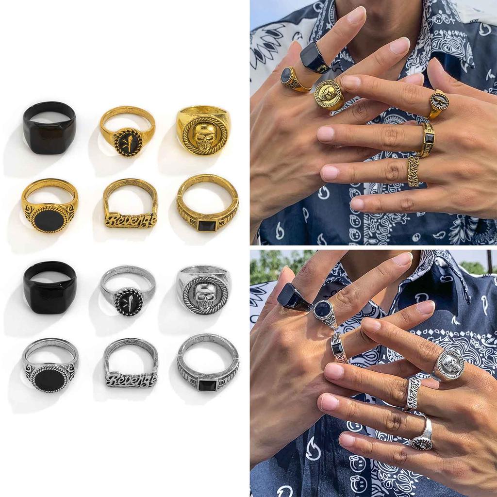 6Pcs Punk Silver Gold Color Chain Rings for Men Hip Hop Vintage Geometric Set Unisex Couple Emo Trend Jewelry Ring