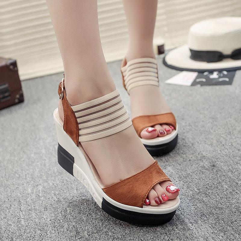 

Wedge heel fish mouth sandals spring and summer new color matching high heel thick sole waterproof table sandals 40
