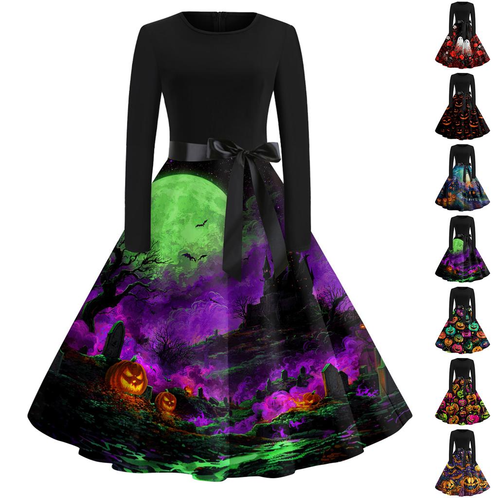 Women's Vintage Long Sleeve Round Neck Halloween Party Dress with Printed Skirt and Waist Tie Elegant Retro Style