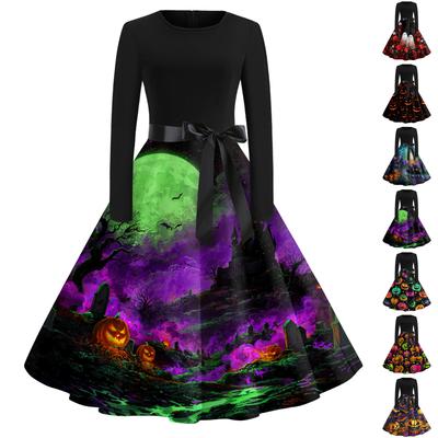 Women's Vintage Long Sleeve Round Neck Halloween Party Dress with Printed Skirt and Waist Tie Elegant Retro Style