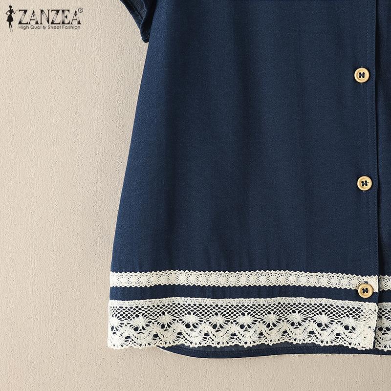 ZANZEA Women Summer Short Sleeve Lace Patchwork Casual Button Blouse