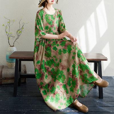 DIMANAF 2024 Plus Size Dress New Summer Basic Loose Women O-Neck Vintage Short Sleeve Big Size Beach Long Dress