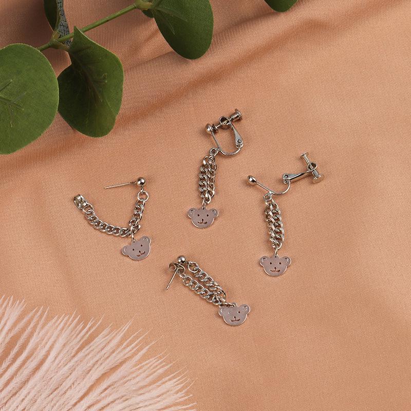 925 Sterling Silver Bear Chain Stud Earrings for Women - Korean Style, Simple & Sweet Niche Design 