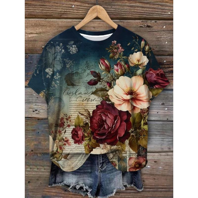 Summer Round Neck 3D Flowers Butterflies Dragonflies Pattern Print Top Fashionable Casual Short Sleeved Women's T-shirts
