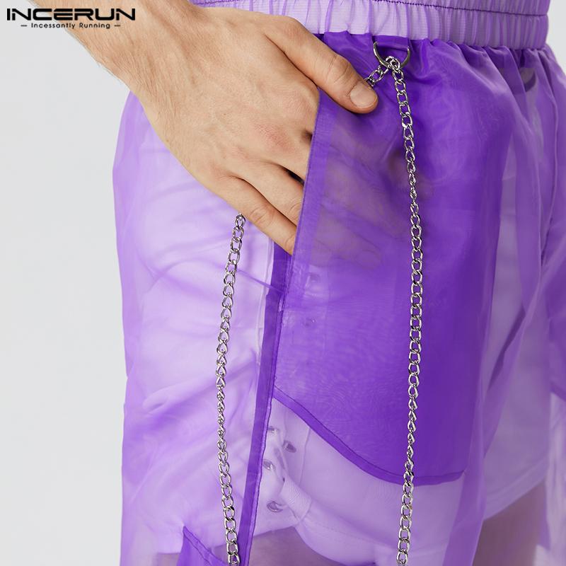 INCERUN Mesh Men See Through Elastic Wiast Cargo Long Pants
