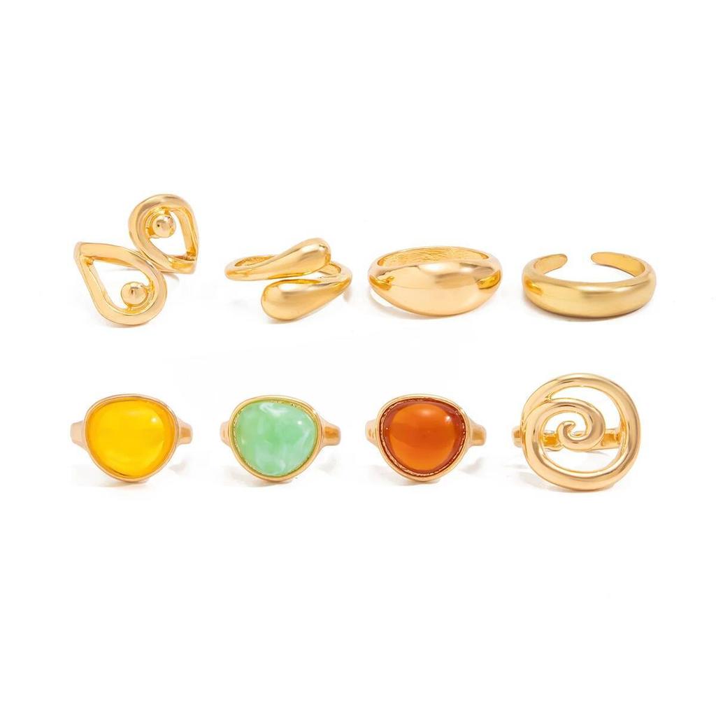 Salircon 8Pcs/Set Boho Colorful Acrylic Resin Rings for Women Exquisite Irregular Stackable Adjustable Opening Ring Jewelry Gift