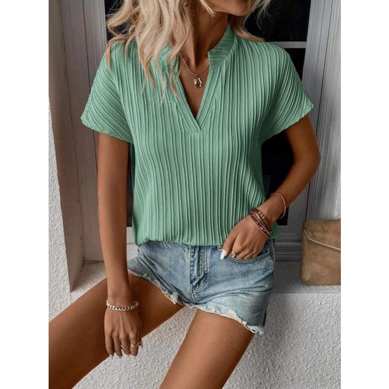 

Женская однотонная повседневная футболка с V-образным вырезом и короткими рукавами в полоску XXL оливковое зеленый
