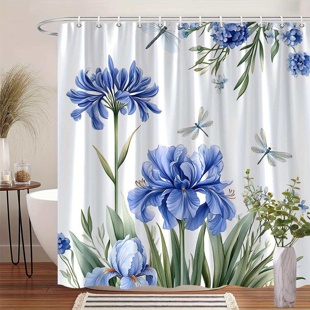 

Спокойные голубые лилии и стрекозы занавеска для душа, реалистичный акварельный дизайн, зеленая листва, белый фон, мягкий полиэстер W90xH180cm