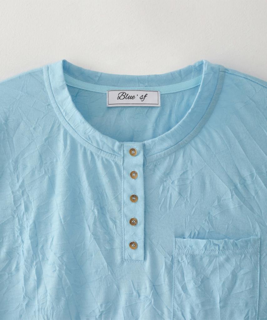 Beullusseonpeullawo Textured Henley Neck Short Sleeve T-Shirt [Blue]