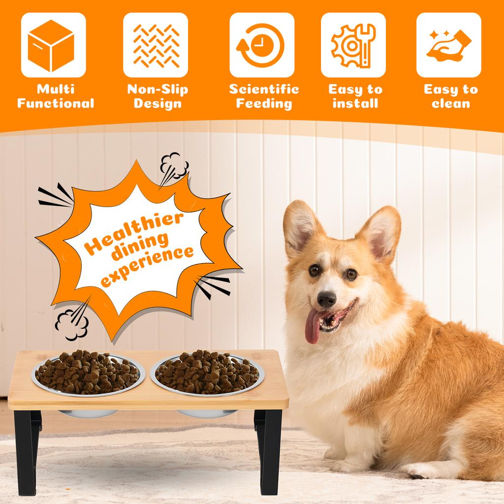 Elevated Cat Bowl Stand Anti Slip Bamboo Wood with 2 Stainless Steel Dish Water Feeding Rack Cat Food Dining Tables