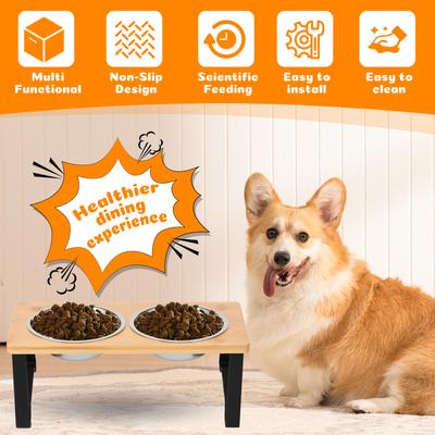 Elevated Cat Bowl Stand Anti Slip Bamboo Wood with 2 Stainless Steel Dish Water Feeding Rack Cat Food Dining Tables