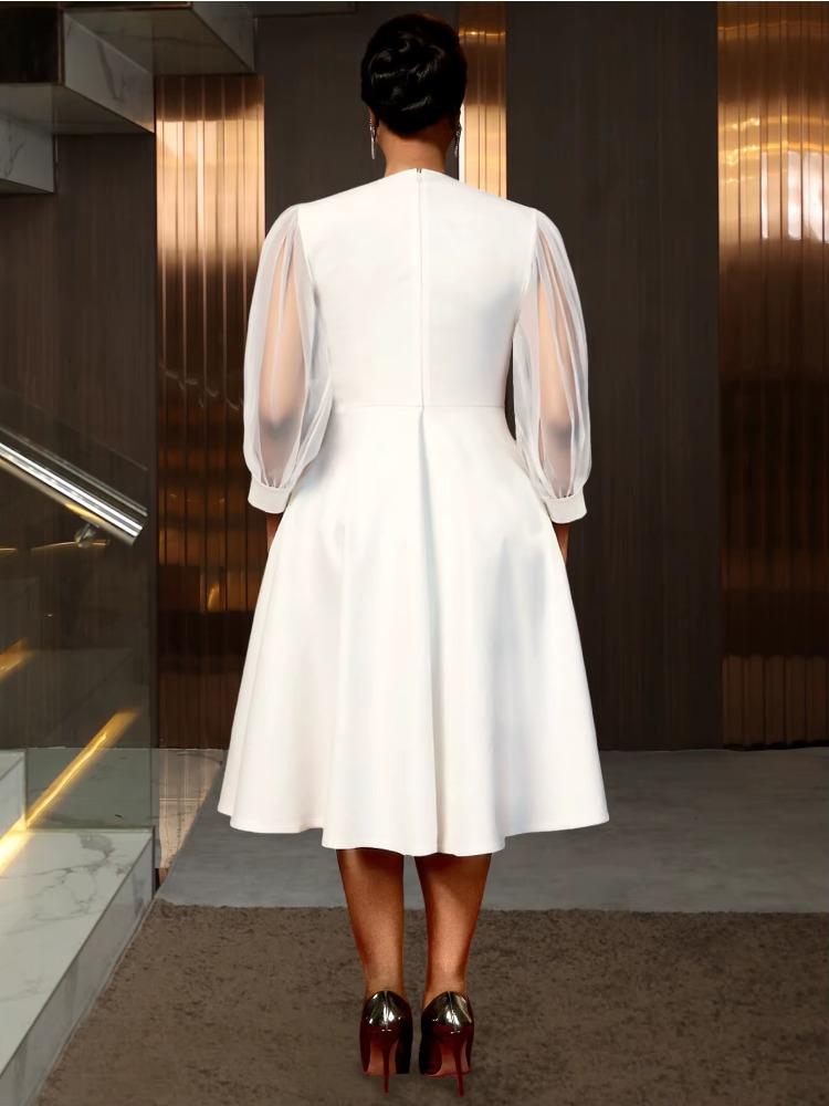 Elegantes Damen Weißes A-Linien Midi-Kleid 3D Blume Eckiger Ausschnitt Lange Transparente Ärmel Plissiert Stilvoll Abendparty Hochzeitsgast Kleid