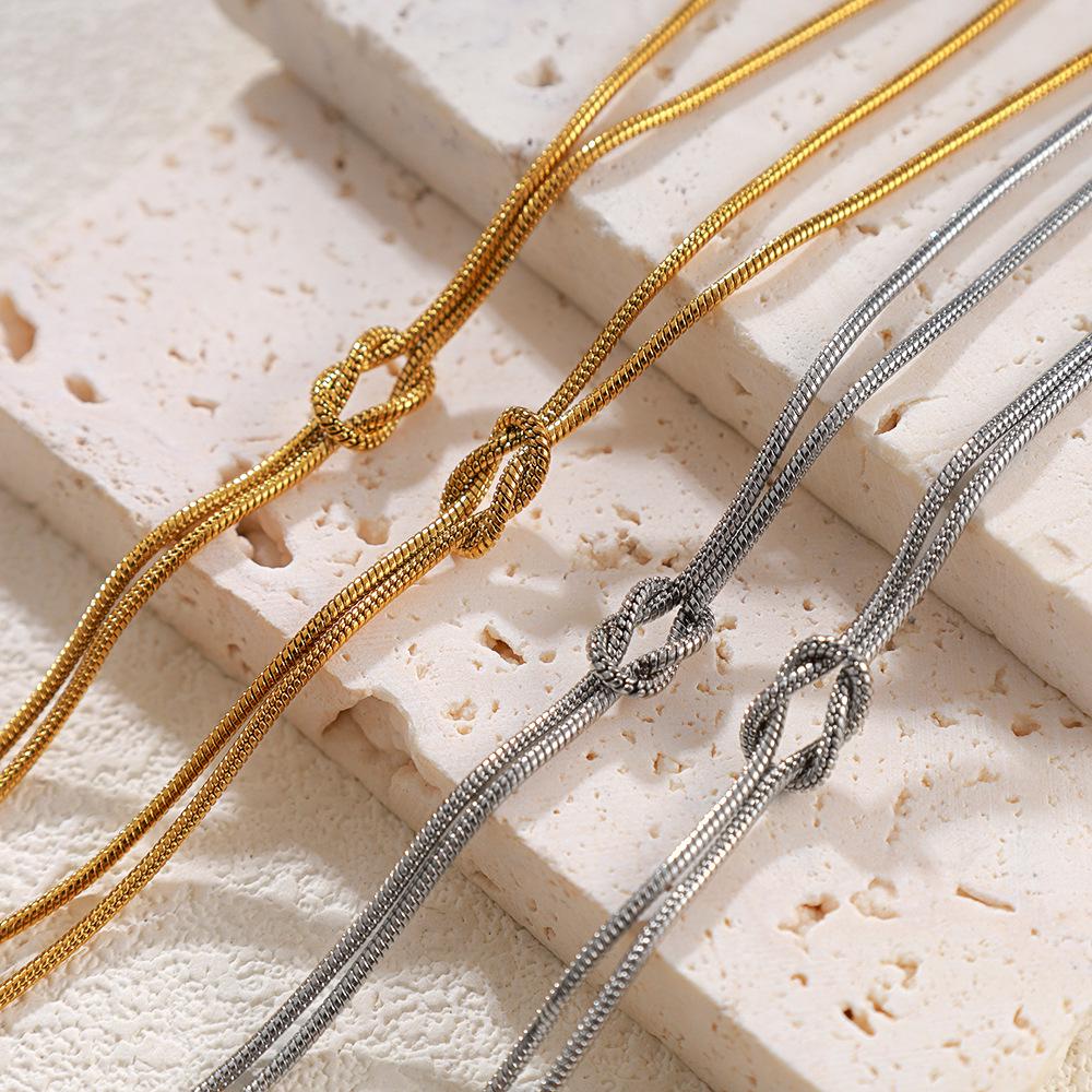 Elegant Knotted Double-Layer Necklace & Bracelet Set - Titanium Steel Snake Chain Jewelry