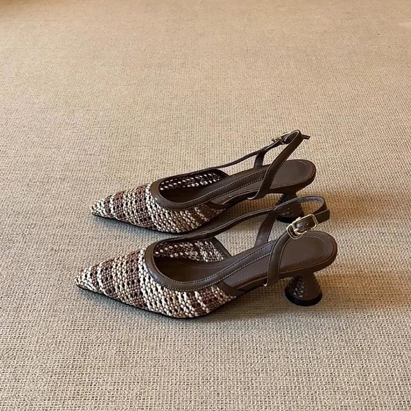 Fashion French Woven Hollow Out Pointed Toe Sandals Women's Summer New Style Retro High Heels PU Lined Rubber Bottomed Footwear