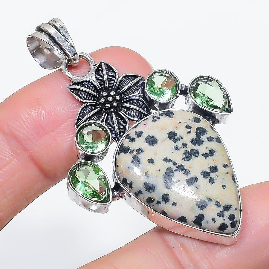 Natural Dalmation Jasper, Tsavorite 925 Sterling Silver Pendant 2.17" C1O06