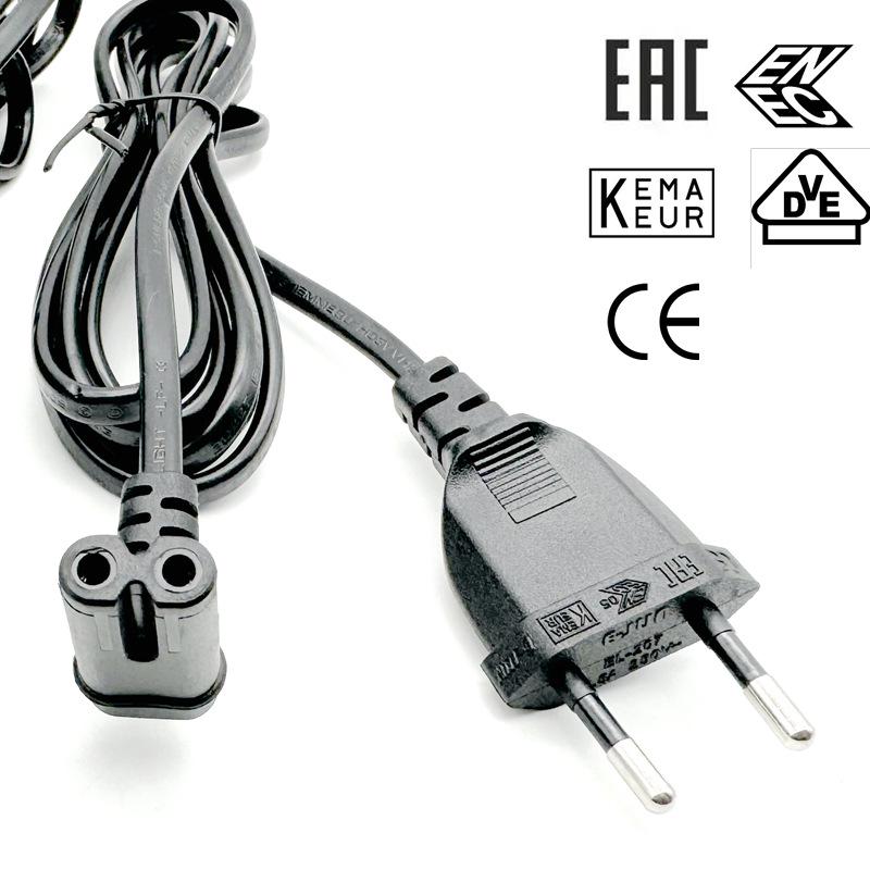 90-Degree L-Shaped European 2-Pin Power Cord for Audio, Projector, Desk Lamp, Nail Machine European standard two-pin hoe 8-shaped tail