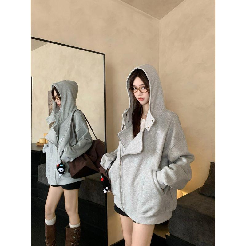 Kumikumi Idle Style Gray Elegant Chic Hooded Long Sleeve Sweater Women Fall Loose Versatile Casual Top