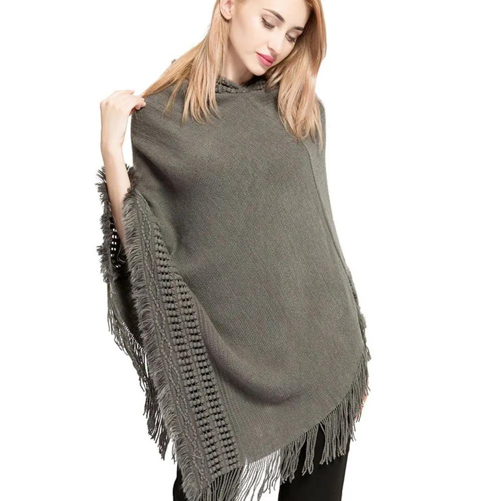 Women's Tassel Large Size Knitted Sweater With Hood And Imitation Cashmere Cape And Shawl