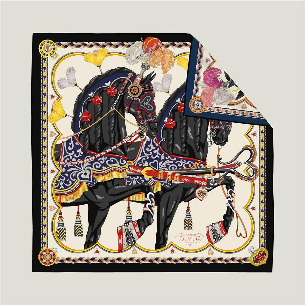 Hand Rolled Twill Silk Scarf Women Two Horse Double Print 90cm Square Scarves Wraps Echarpes Foulards Femme Hijab