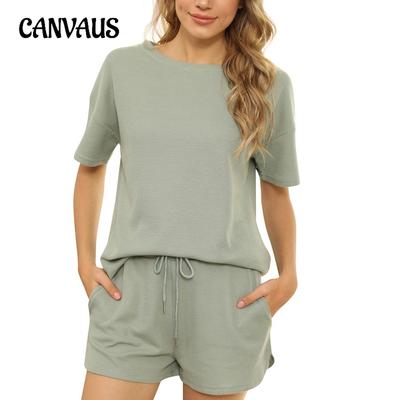İlkbahar ve Yaz Kadın Kısa Kollu Loungewear Düz Renk Rahat Waffle Tişört Şort İki Parçalı Takım Elbise