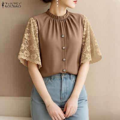 Women Casual Round Neck Lace Splice Short Sleeve Blouse Summer