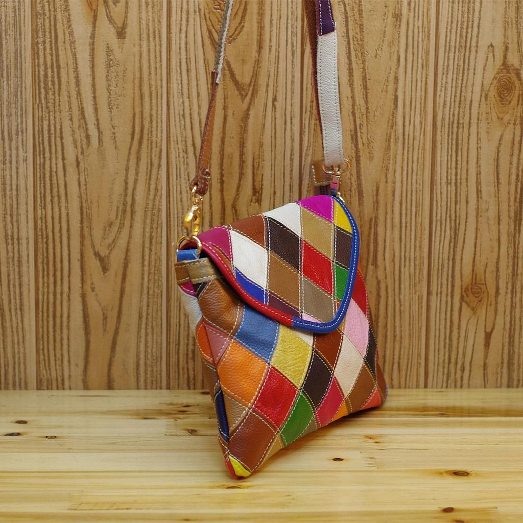 Women's genuine leather bag  colorful plaid  crossbody  small shoulder bag  women's cosmetic bag  elegant niche design