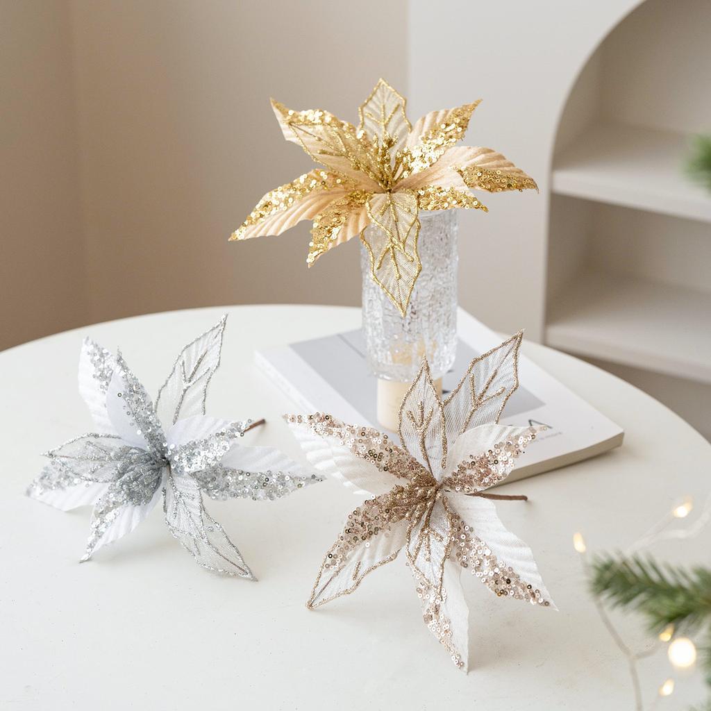 2pcs 22cm Gold Champagne Sequins Handmade Mesh Christmas Flowers Christmas Tree Decoration Living Room Decoration Christmas Tree Embellishment
