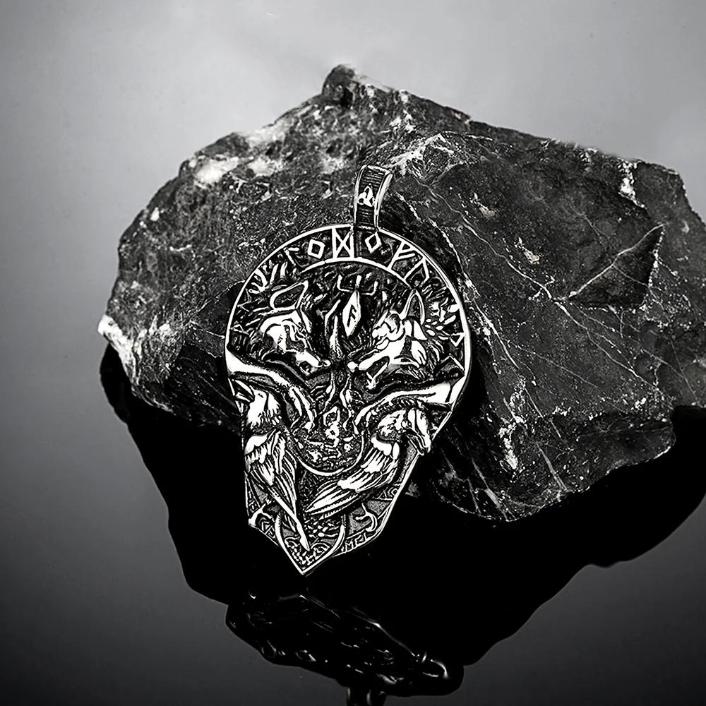 Viking Necklace for Men Odin Wolf Raven Pendant Norse Mythology Stainless Steel Jewelry Futhark Runes Celtic Crow 60CM