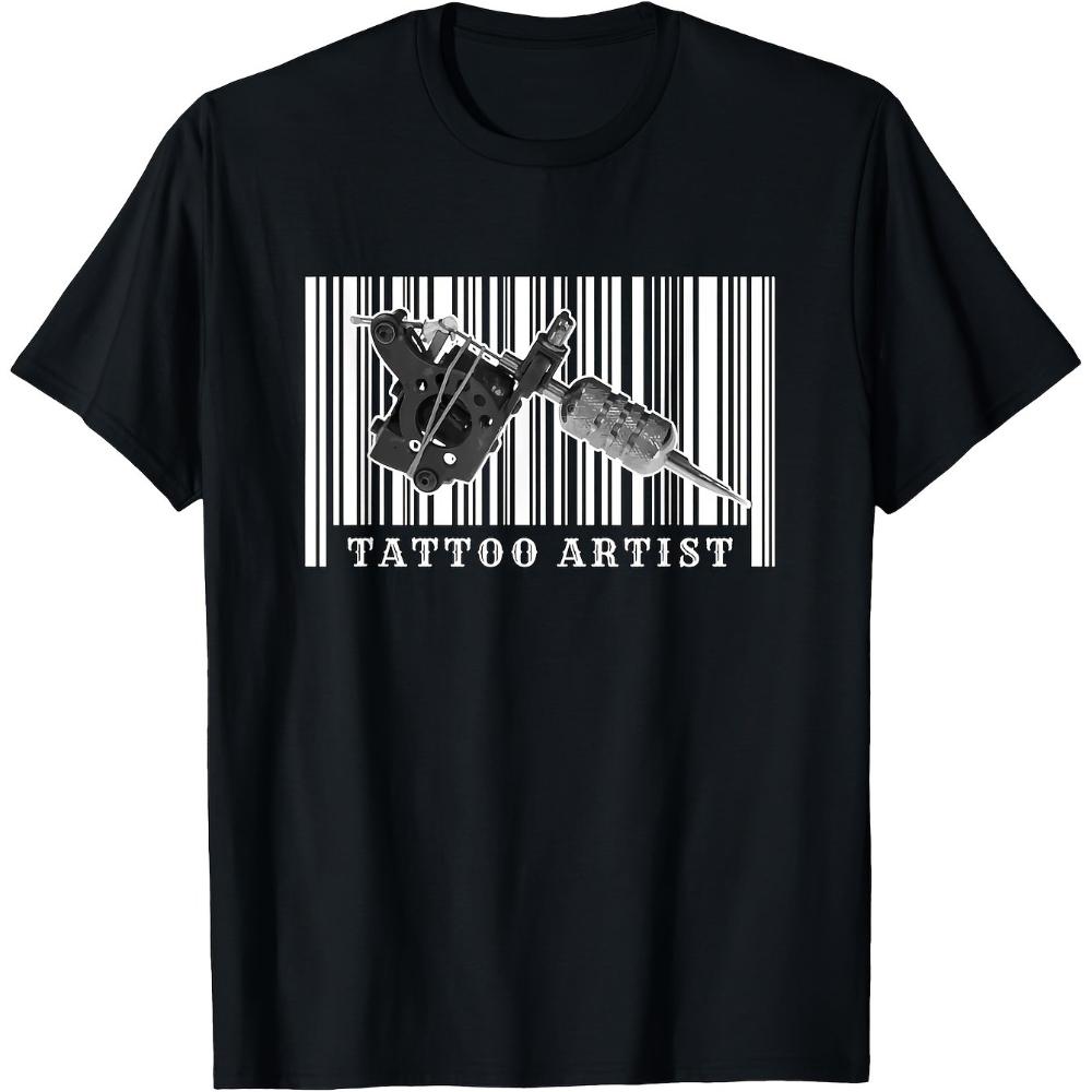 Men'S Tattoo Artist T-Shirt with Bold Tattoo Print Stylized Barcode Design Black Crewneck Short