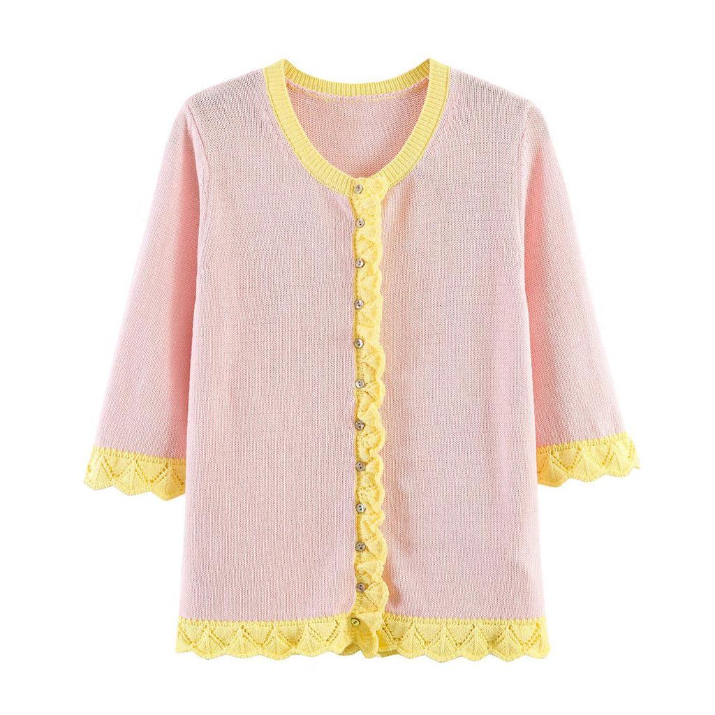 Spring Women's Fashion Knit Cardigan Sweater with Hollow-Out Patchwork - European & American Style