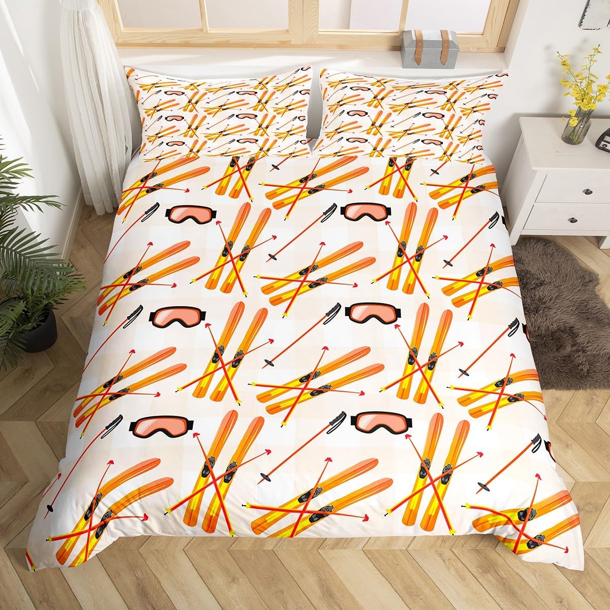 

Пододеяльник для лыж, Зимний белый пододеяльник со снежинками для детей, подростков и взрослых, Лоскутный синий клетчатый пододеяльник на спортивную тематику EU Single(135x200cm)