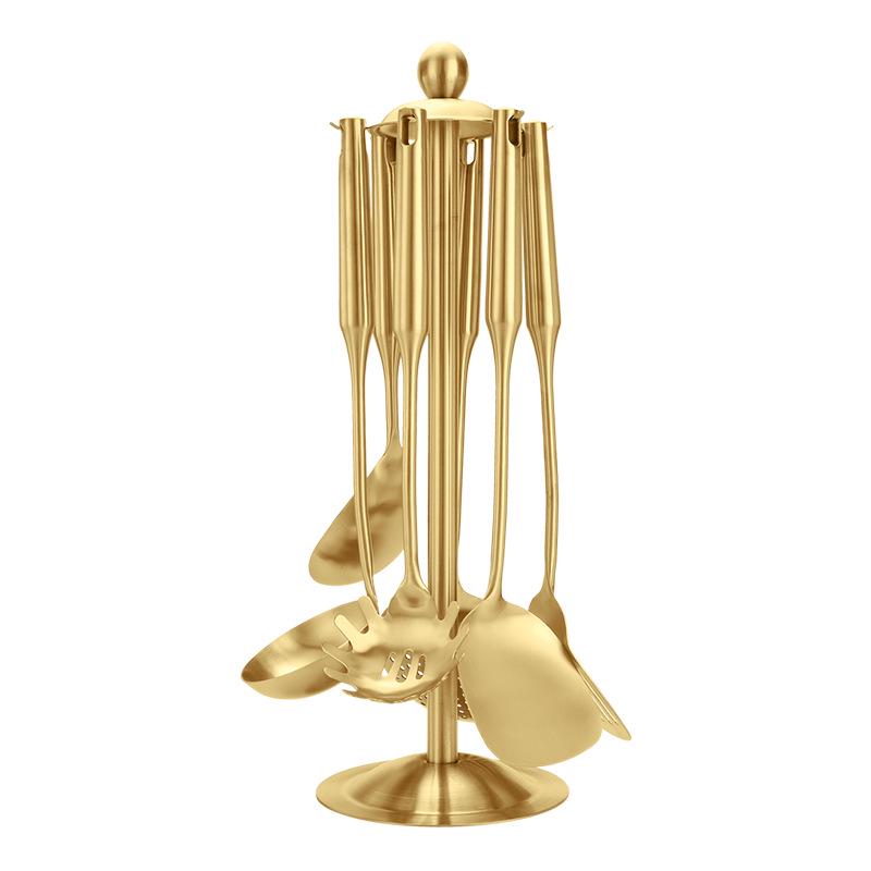 Gold Stainless Steel Kitchen Utensil Set: Shovel, Frying Spoon & Large Soup Spoon.